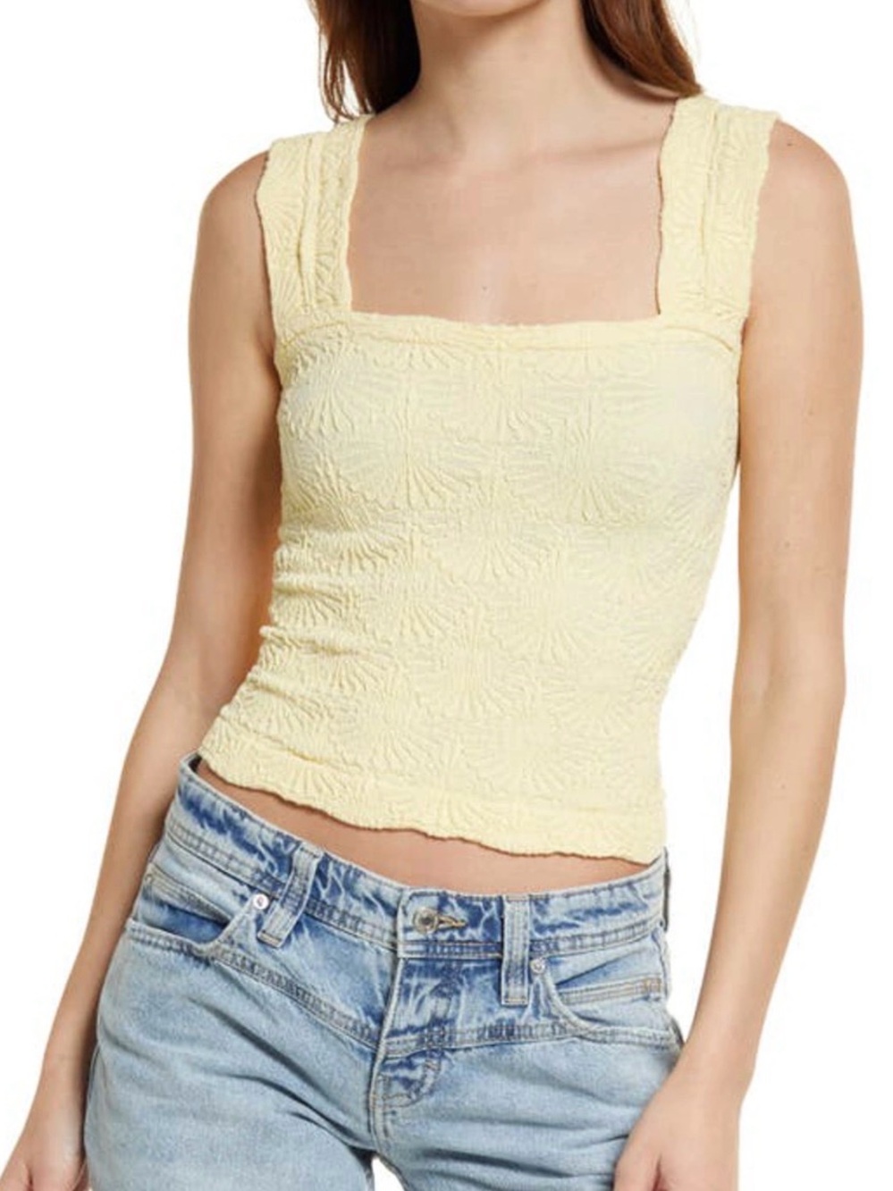 Free People Pale Yellow Textured Square-Neck Tank size m/l